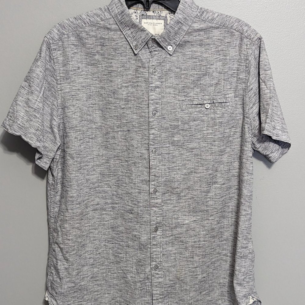 SPRING Denim & Flower Men's Short Sleeve Button Up Shirt Size Medium SlimFit
